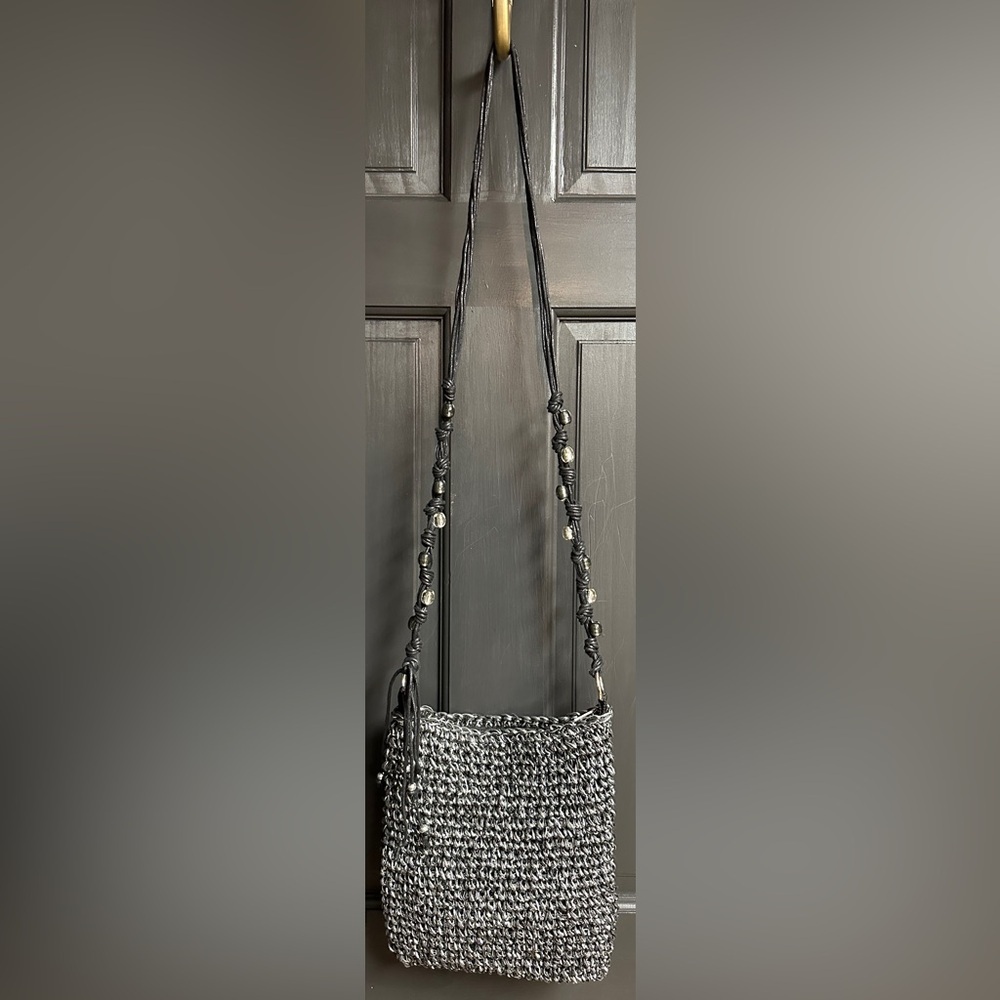Sun’N’Sand Black Crochet/Woven Crossbody Bag with Metallic Silver Thread & Beads